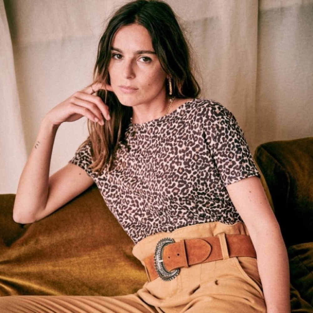 Sezane 100% Linen Andre T-Shirt Leopard Print Size XS Brown French Blouse Top